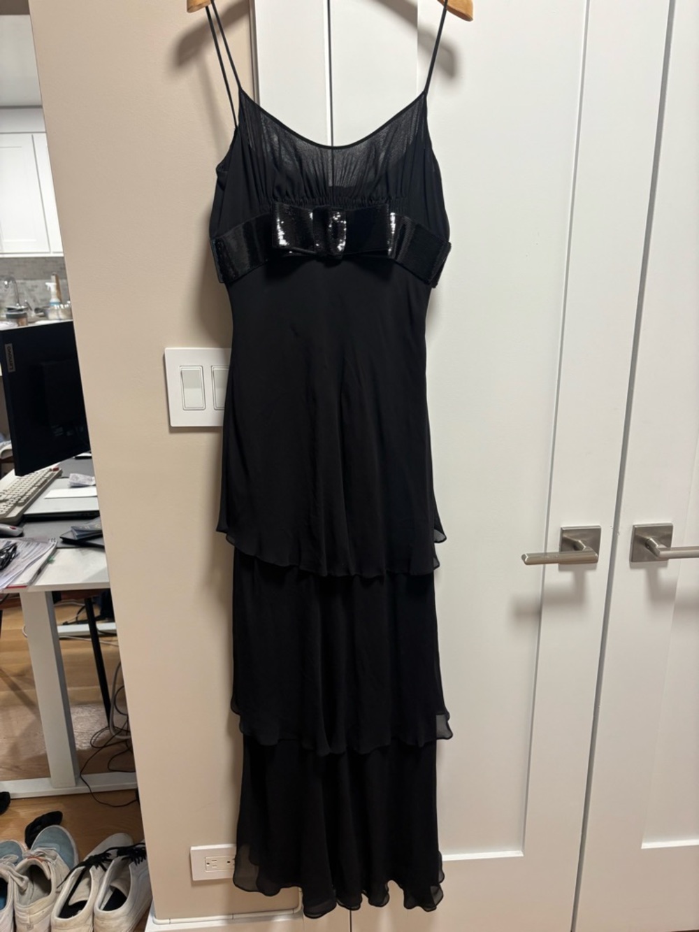 Miu Miu tiered evening gown with black sequin bow